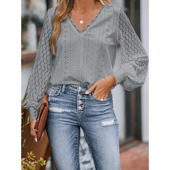 CUPSHE Damen Blusen V-Ausschnitt Spitzen Wellenkante Puffärmel Langarmshirt Lässige Lace Oberteile Tunika Bluse Tops Grau M