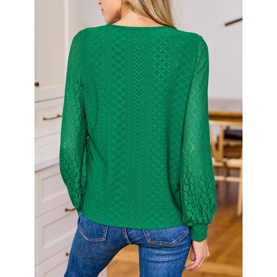 CUPSHE Damen Blusen V-Ausschnitt Spitzen Wellenkante Puffärmel Langarmshirt Lässige Lace Oberteile Tunika Bluse Tops Smaragdgrün XS