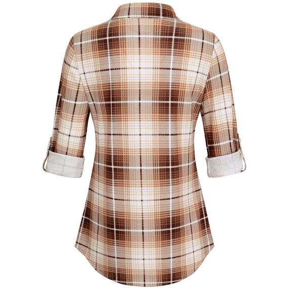 DJT Damen Weiches Gestrick Karierte Bluse Langarm Oberteile Roll Up Ärmel Hemdbluse Tunika Button Down Blusen Top Kaffee-Weiß XL