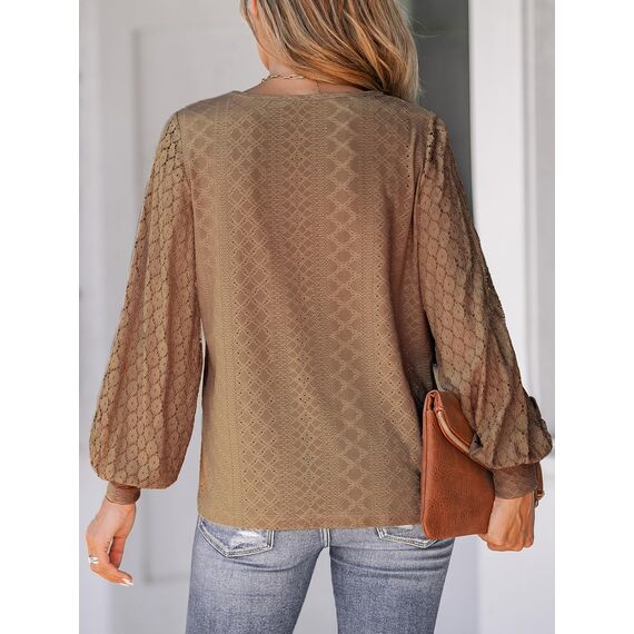 CUPSHE Damen Blusen V-Ausschnitt Spitzen Wellenkante Puffärmel Langarmshirt Lässige Lace Oberteile Tunika Bluse Tops Braun S
