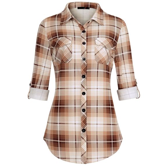 DJT Damen Weiches Gestrick Karierte Bluse Langarm Oberteile Roll Up Ärmel Hemdbluse Tunika Button Down Blusen Top Kaffee-Weiß XL