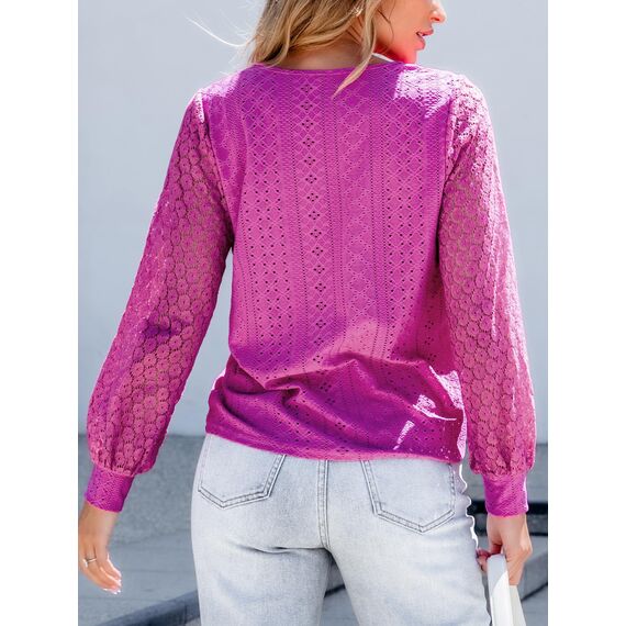 CUPSHE Damen Blusen V-Ausschnitt Spitzen Wellenkante Puffärmel Langarmshirt Lässige Lace Oberteile Tunika Bluse Tops Magenta M
