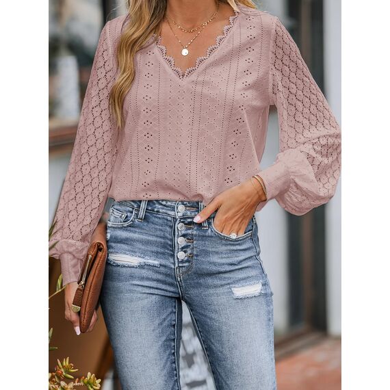 CUPSHE Damen Blusen V-Ausschnitt Spitzen Wellenkante Puffärmel Langarmshirt Lässige Lace Oberteile Tunika Bluse Tops Rose XL