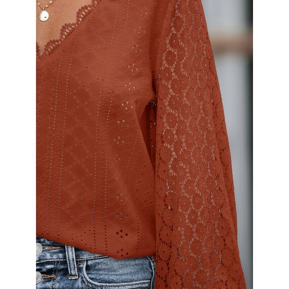 CUPSHE Damen Blusen V-Ausschnitt Spitzen Wellenkante Puffärmel Langarmshirt Lässige Lace Oberteile Tunika Bluse Tops Rot M