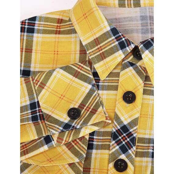 DJT Damen Weiches Gestrick Karierte Bluse Langarm Oberteile Roll Up Ärmel Hemdbluse Tunika Button Down Blusen Top Gelb Kariertes XXL