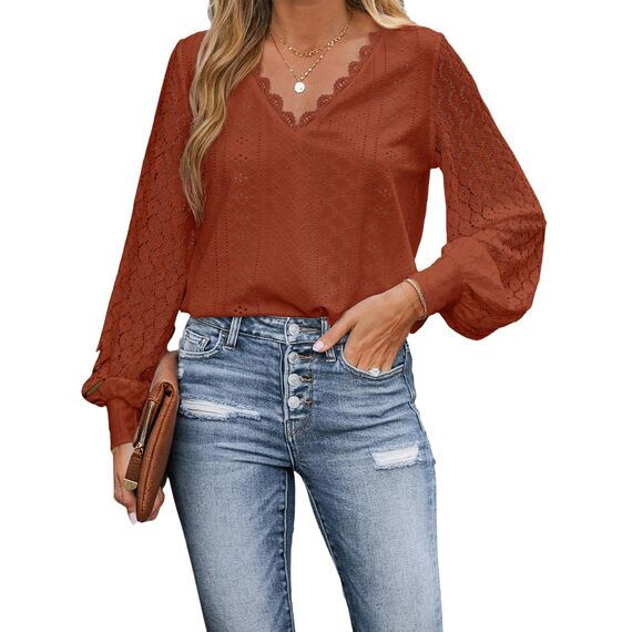 CUPSHE Damen Blusen V-Ausschnitt Spitzen Wellenkante Puffärmel Langarmshirt Lässige Lace Oberteile Tunika Bluse Tops Rot L