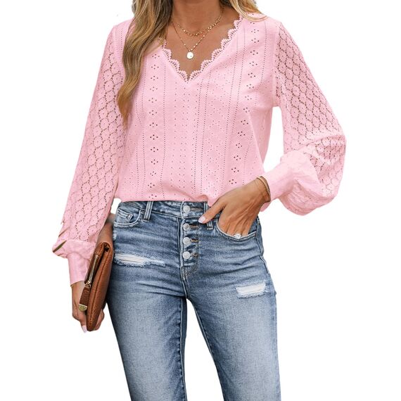 CUPSHE Damen Blusen V-Ausschnitt Spitzen Wellenkante Puffärmel Langarmshirt Lässige Lace Oberteile Tunika Bluse Tops Hellrosa S