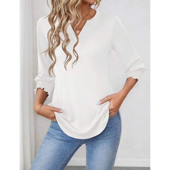 Rapbin Damen Mode Elegant Bluse 3/4 Ärmel langerm Tunika Sommer Top V-Ausschnitt Tunika Lässig Locker Oberteil 2025 (XXL, Weiß)
