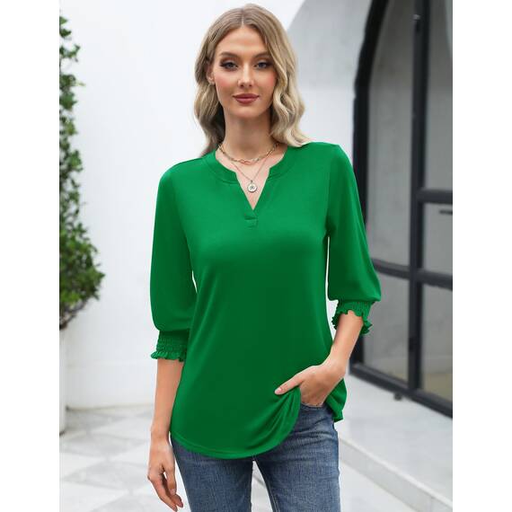 Rapbin Bluse Damen 3/4 arm Langerm V-Ausschnitt Tunika Sommer Tops Locker Shirt Elegant Lässig Oberteil 2026 (XXL, Grün)