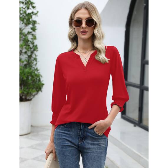 Rapbin Bluse Damen 3/4 arm langerm V-Ausschnitt Tunika Sommer Tops Locker Shirt Elegant Lässig Oberteil 2025 (XL, Rot)