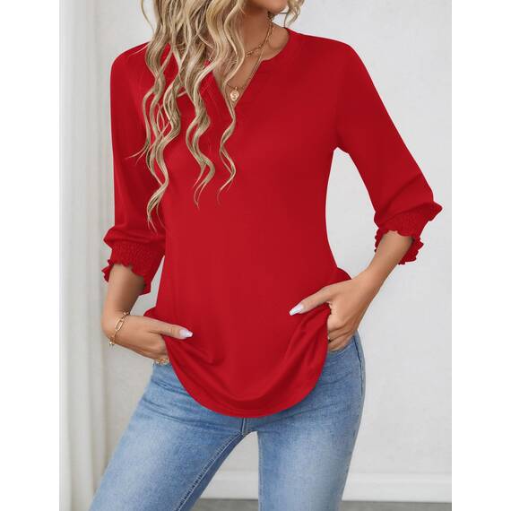 Rapbin Bluse Damen 3/4 arm langerm V-Ausschnitt Tunika Sommer Tops Locker Shirt Elegant Lässig Oberteil 2025 (XL, Rot)