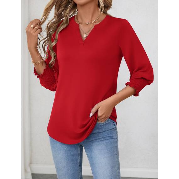 Rapbin Bluse Damen 3/4 arm langerm V-Ausschnitt Tunika Sommer Tops Locker Shirt Elegant Lässig Oberteil 2025 (XL, Rot)