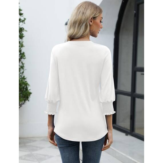 Rapbin Damen Mode Elegant Bluse 3/4 Ärmel langerm Tunika Sommer Top V-Ausschnitt Tunika Lässig Locker Oberteil 2025 (S, Weiß)