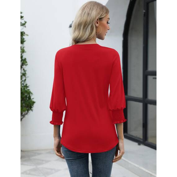 Rapbin Bluse Damen 3/4 arm langerm V-Ausschnitt Tunika Sommer Tops Locker Shirt Elegant Lässig Oberteil 2025 (M, Rot)