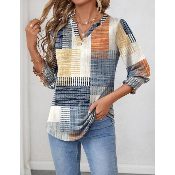 Rapbin Bluse Damen 3/4 arm Langerm V-Ausschnitt Tunika Sommer Tops Locker Shirt Elegant Lässig Oberteil 2026 (XXL, Orange-blaues Karomuster)