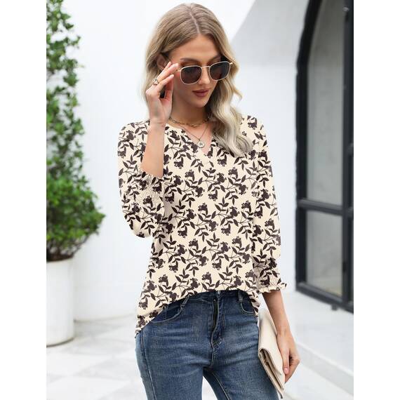 Rapbin Damen Bluse 3/4 arm Langerm V-Ausschnitt Tunika Sommer Tops Slim fit Shirt Elegant Lässig Oberteil 2026 (XXL, Aprikose Schwarze Blume)