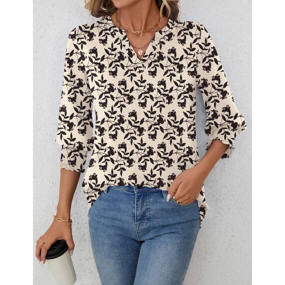 Rapbin Damen Bluse 3/4 arm Langerm V-Ausschnitt Tunika Sommer Tops Slim fit Shirt Elegant Lässig Oberteil 2026 (XL, Aprikose Schwarze Blume)