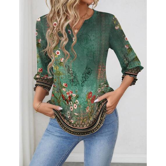 Rapbin Bluse Damen 3/4 arm langerm V-Ausschnitt Tunika Sommer Tops Locker Shirt Elegant Lässig Oberteil 2025 (XL, Böhmisches Grün)