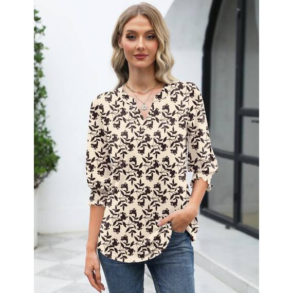 Rapbin Damen Bluse 3/4 arm Langerm V-Ausschnitt Tunika Sommer Tops Slim fit Shirt Elegant Lässig Oberteil 2026 (XXL, Aprikose Schwarze Blume)