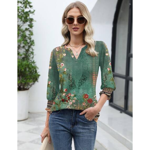 Rapbin Bluse Damen 3/4 arm langerm V-Ausschnitt Tunika Sommer Tops Locker Shirt Elegant Lässig Oberteil 2025 (M, Böhmisches Grün)
