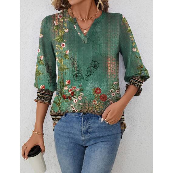 Rapbin Bluse Damen 3/4 arm langerm V-Ausschnitt Tunika Sommer Tops Locker Shirt Elegant Lässig Oberteil 2025 (XL, Böhmisches Grün)