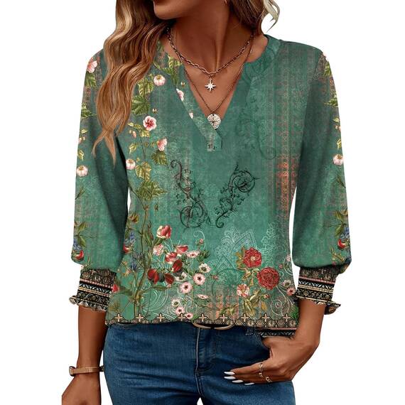Rapbin Bluse Damen 3/4 arm langerm V-Ausschnitt Tunika Sommer Tops Locker Shirt Elegant Lässig Oberteil 2025 (M, Böhmisches Grün)