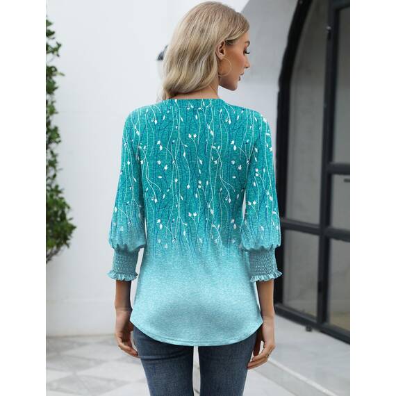 Rapbin Bluse Damen 3/4 arm langerm V-Ausschnitt Tunika Sommer Tops Locker Shirt Elegant Lässig Oberteil 2025 (XL, Blaugrüne Blüten)
