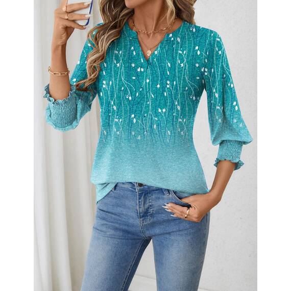 Rapbin Bluse Damen 3/4 arm langerm V-Ausschnitt Tunika Sommer Tops Locker Shirt Elegant Lässig Oberteil 2025 (XL, Blaugrüne Blüten)