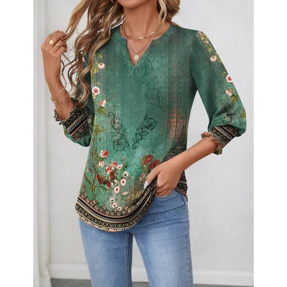 Rapbin Bluse Damen 3/4 arm langerm V-Ausschnitt Tunika Sommer Tops Locker Shirt Elegant Lässig Oberteil 2025 (L, Böhmisches Grün)