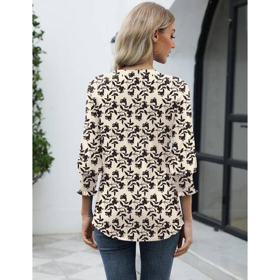Rapbin Damen Bluse 3/4 arm Langerm V-Ausschnitt Tunika Sommer Tops Slim fit Shirt Elegant Lässig Oberteil 2026 (L, Aprikose Schwarze Blume)