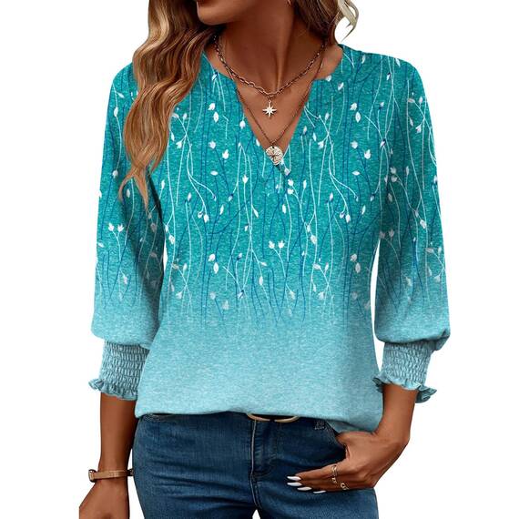 Rapbin Bluse Damen 3/4 arm langerm V-Ausschnitt Tunika Sommer Tops Locker Shirt Elegant Lässig Oberteil 2025 (L, Blaugrüne Blüten)
