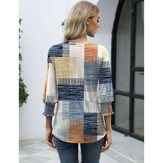 Rapbin Bluse Damen 3/4 arm Langerm V-Ausschnitt Tunika Sommer Tops Locker Shirt Elegant Lässig Oberteil 2026 (S, Orange-blaues Karomuster)