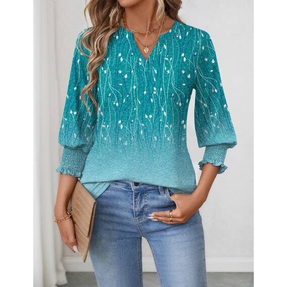 Rapbin Bluse Damen 3/4 arm langerm V-Ausschnitt Tunika Sommer Tops Locker Shirt Elegant Lässig Oberteil 2025 (L, Blaugrüne Blüten)