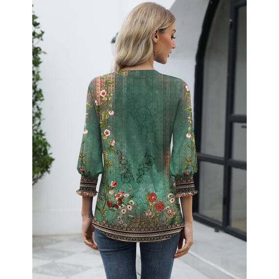 Rapbin Bluse Damen 3/4 arm langerm V-Ausschnitt Tunika Sommer Tops Locker Shirt Elegant Lässig Oberteil 2025 (M, Böhmisches Grün)