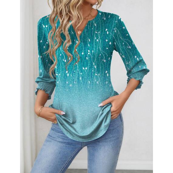 Rapbin Bluse Damen 3/4 arm langerm V-Ausschnitt Tunika Sommer Tops Locker Shirt Elegant Lässig Oberteil 2025 (L, Blaugrüne Blüten)
