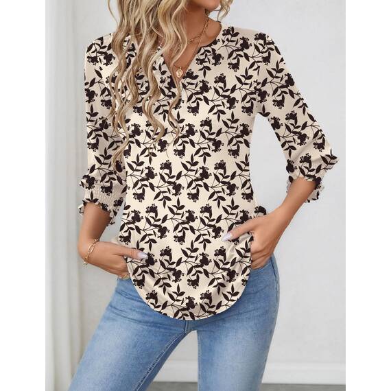 Rapbin Damen Bluse 3/4 arm Langerm V-Ausschnitt Tunika Sommer Tops Slim fit Shirt Elegant Lässig Oberteil 2026 (XL, Aprikose Schwarze Blume)