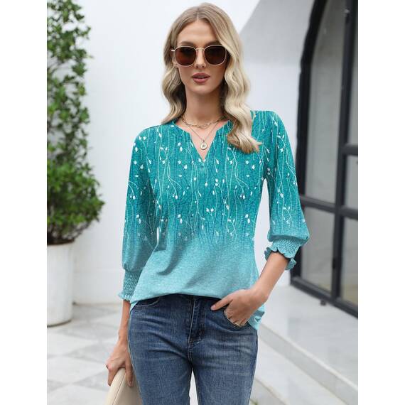 Rapbin Bluse Damen 3/4 arm langerm V-Ausschnitt Tunika Sommer Tops Locker Shirt Elegant Lässig Oberteil 2025 (XXL, Blaugrüne Blüten)