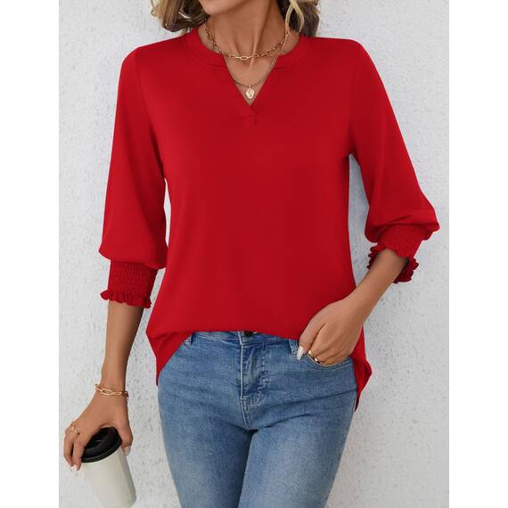 Rapbin Bluse Damen 3/4 arm langerm V-Ausschnitt Tunika Sommer Tops Locker Shirt Elegant Lässig Oberteil 2025 (S, Rot)