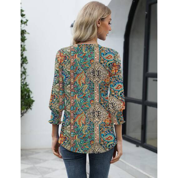 Rapbin Damen Elegant Bluse 3/4 Ärmel Langerm Tunika Sommer Top Lässig Locker Oberteil 2026 (S, Böhmische Farben)