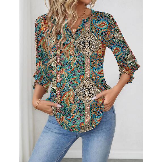 Rapbin Damen Elegant Bluse 3/4 Ärmel Langerm Tunika Sommer Top Lässig Locker Oberteil 2026 (XXL, Böhmische Farben)