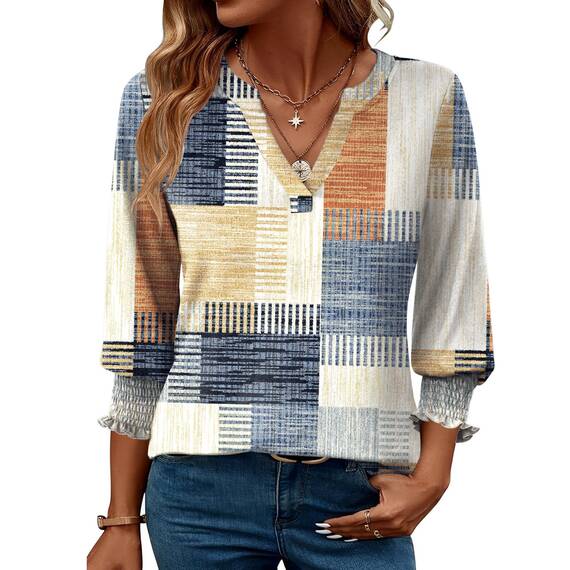 Rapbin Bluse Damen 3/4 arm Langerm V-Ausschnitt Tunika Sommer Tops Locker Shirt Elegant Lässig Oberteil 2026 (L, Orange-blaues Karomuster)