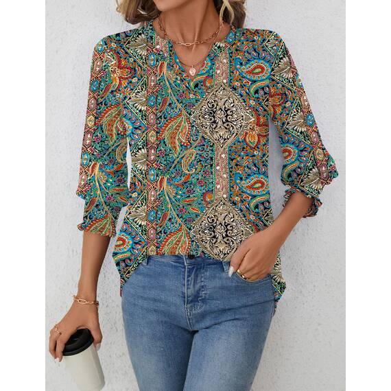 Rapbin Damen Elegant Bluse 3/4 Ärmel Langerm Tunika Sommer Top Lässig Locker Oberteil 2026 (M, Böhmische Farben)