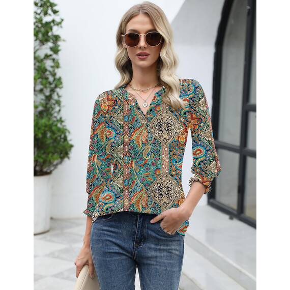 Rapbin Damen Elegant Bluse 3/4 Ärmel Langerm Tunika Sommer Top Lässig Locker Oberteil 2026 (XXL, Böhmische Farben)