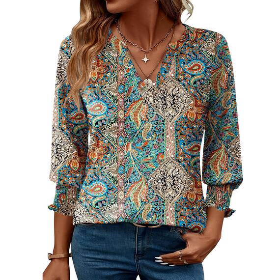 Rapbin Damen Elegant Bluse 3/4 Ärmel Langerm Tunika Sommer Top Lässig Locker Oberteil 2026 (XL, Böhmische Farben)