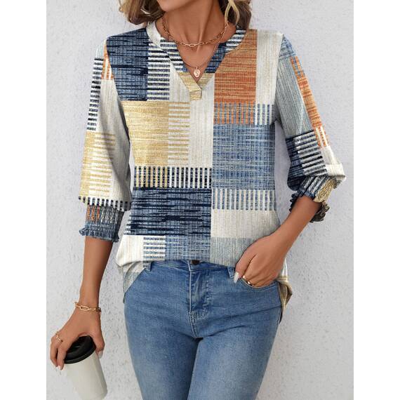 Rapbin Bluse Damen 3/4 arm Langerm V-Ausschnitt Tunika Sommer Tops Locker Shirt Elegant Lässig Oberteil 2026 (M, Orange-blaues Karomuster)