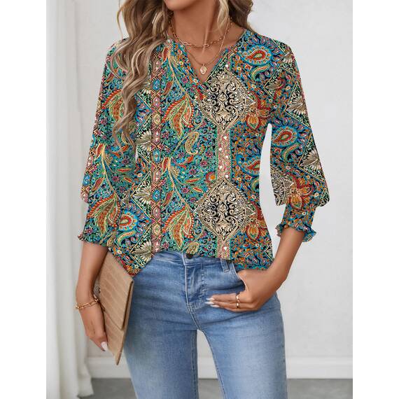 Rapbin Damen Elegant Bluse 3/4 Ärmel Langerm Tunika Sommer Top Lässig Locker Oberteil 2026 (XXL, Böhmische Farben)