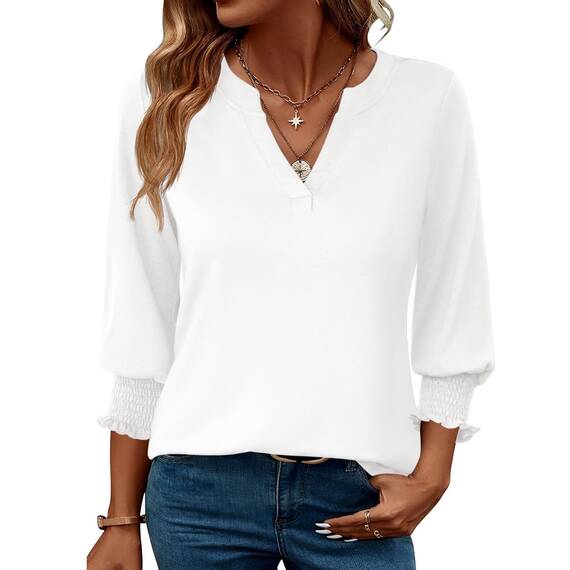 Rapbin Damen Mode Elegant Bluse 3/4 Ärmel langerm Tunika Sommer Top V-Ausschnitt Tunika Lässig Locker Oberteil 2025 (XL, Weiß)
