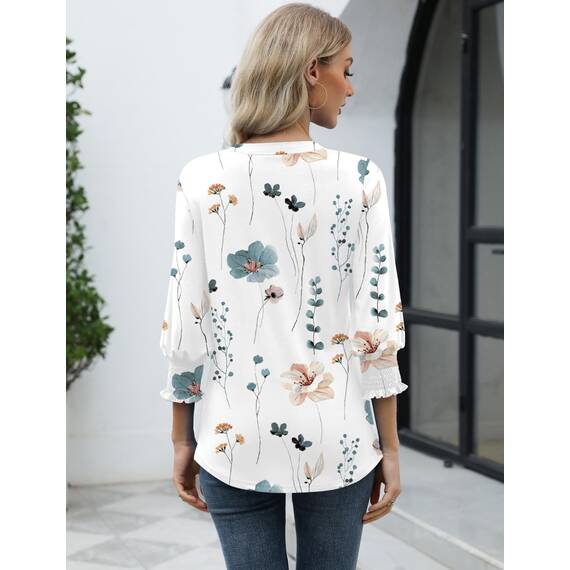 Rapbin Damen Mode Elegant Bluse 3/4 Ärmel Langerm Tunika Sommer Top Lässig Locker Oberteil Blusen 2026 (S, Weiß Blau Blumen)