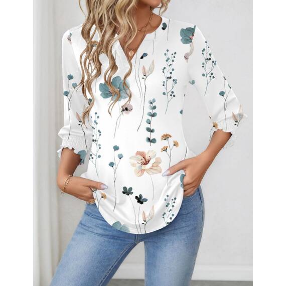 Rapbin Damen Mode Elegant Bluse 3/4 Ärmel Langerm Tunika Sommer Top Lässig Locker Oberteil Blusen 2026 (L, Weiß Blau Blumen)