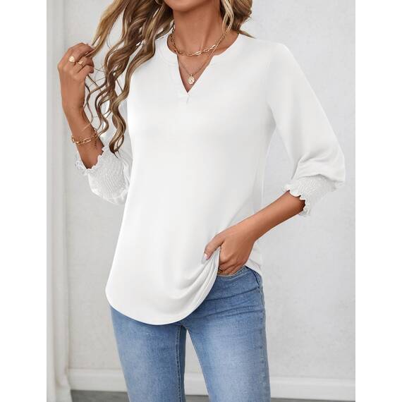 Rapbin Damen Mode Elegant Bluse 3/4 Ärmel langerm Tunika Sommer Top V-Ausschnitt Tunika Lässig Locker Oberteil 2025 (M, Weiß)